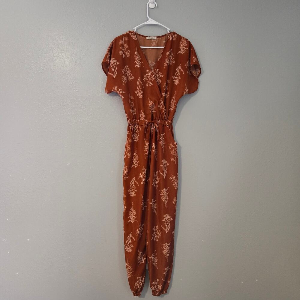 Polagram Floral Jumpsuit Romper Size S Burnt Orange Parachute Leg Pocket Flowy